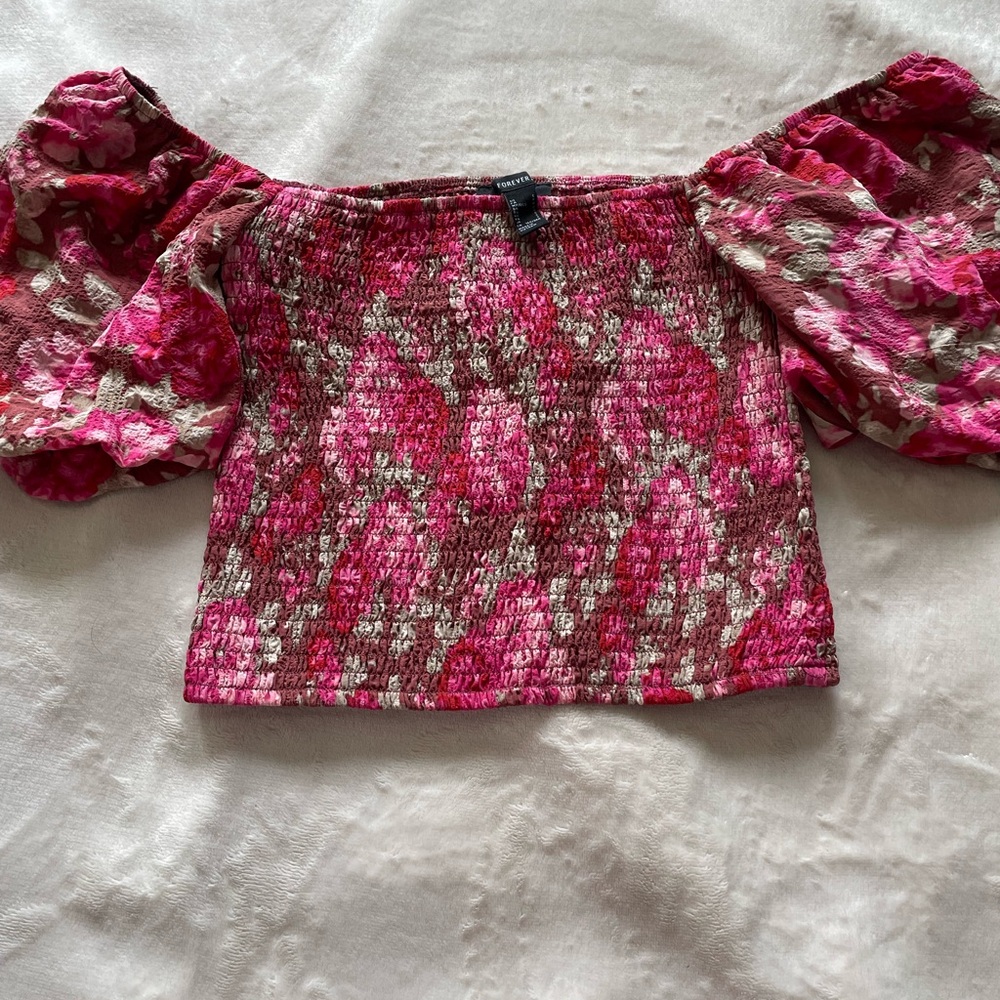 Forever 21 Pink and Brown Smocked Blouse
